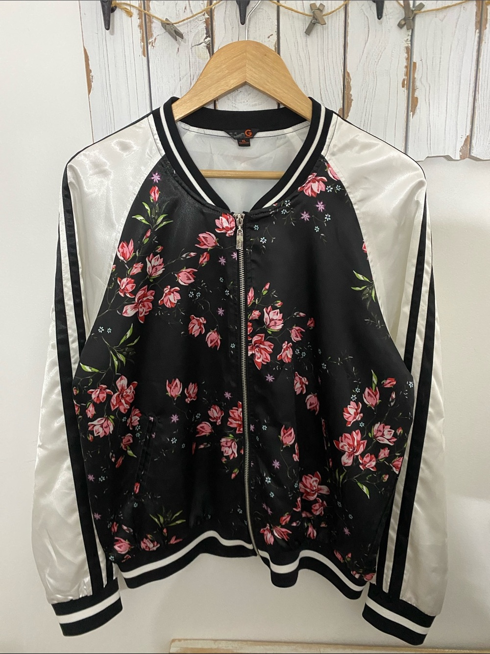 G by Guess Black Satin Floral Bomber Jacket